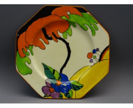 CLARICE CLIFF HONEY GLAZE WOODLAND SIDE PLATE octagonal with stylized hand painted landscape design, printed factory marks an