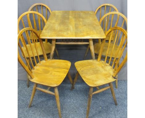 ERCOL LIGHT COLOURED TABLE, 72cms H, 100cms W, 70cms D and six hoop back spindle chairs 