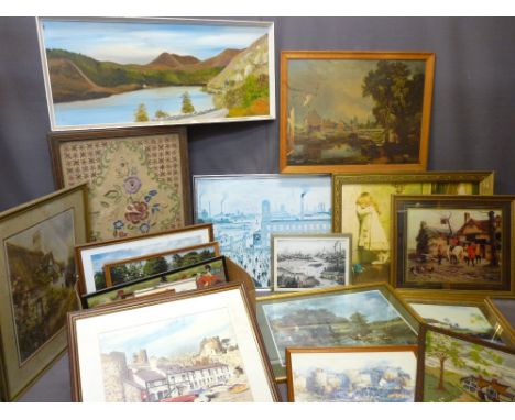 LOWRY PRINT, folding firescreen and a large quantity of paintings, prints, woolworks ETC