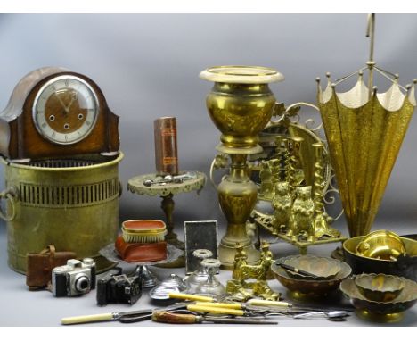 UMBRELLA SHAPE STICK STAND, oak mantel clock, further brass and EPNS ware and other collectable items (within 2 boxes and loo