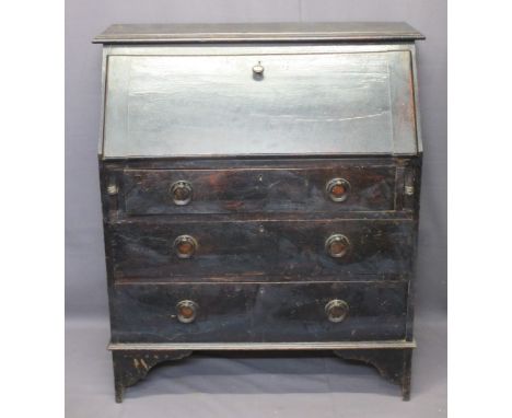 VINTAGE STAINED OAK FALL FRONT BUREAU with interior pigeon holes and drawer to the fall, the lower section with three drawers