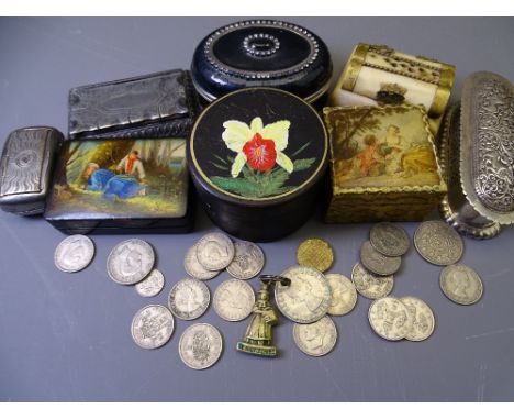 DECORATIVE BOXES and a small quantity of vintage coinage, examples include a continental white metal example, 11cms L with Pe