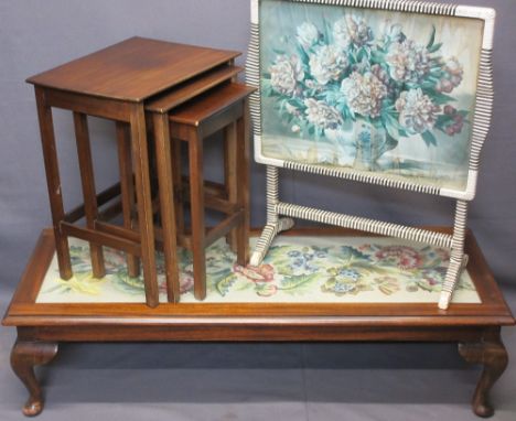 FLORAL TAPESTRY INSET MAHOGANY LONG TABLE on cabriole supports, set of three mahogany occasional tables and a mid-century fol