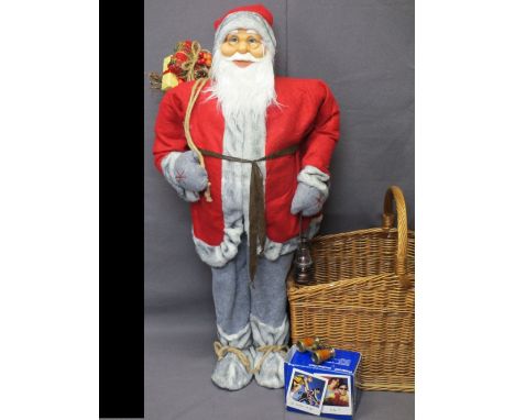 LARGE STANDING FATHER CHRISTMAS MODEL, wicker basket, boxed Polaroid instant camera and a vintage pair of opera glasses