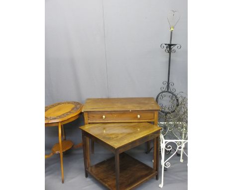 SINGLE DRAWER SIDE TABLE, 76cms H, 84cms W, 49cms D, an oval top two-tier occasional table, 74cms H, 49cms W, 71cms D, a maho