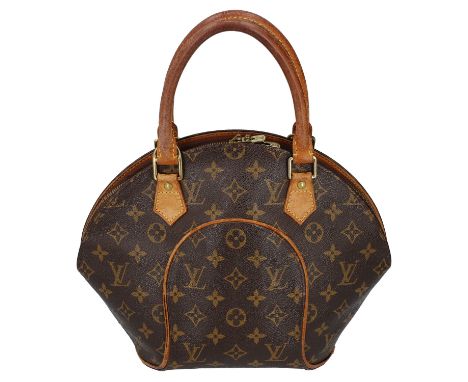 LOUIS VUITTON VINTAGE Handtasche "ELLIPSE". Koll. 1998. Monogram Canvas Serie mit naturbelassenem Leder und goldfarbener Hard