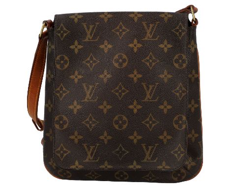 LOUIS VUITTON Umhängetasche "SALSA PM". Koll. 2004. Monogram Canvas Serie mit naturbelassenem Leder und goldfarbener Hardware