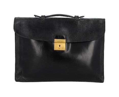 HERMÈS VINTAGE Aktentasche, Koll.: 1976. Schwarzes Glattleder mit vergoldeter Hardware, Überschlag mit Steckverschluss. Stärk