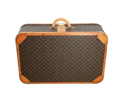LOUIS VUITTON Reisetasche "STRATOS 80". Monogram Canvas Serie mit naturbelassenem Leder und goldfarbener Hardware. Klassische