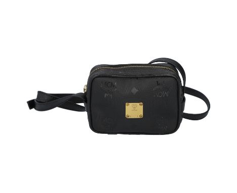 MCM VINTAGE Umhängetasche. Schwarzes Modell Logo-Design, goldfarbener Hardware, Reißverschluss und längenverstellbarem Schult