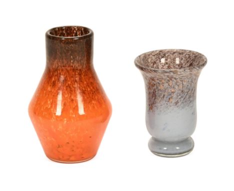 A Monart baluster glass vase, with tangerine ground colour and dark mottled effect to its shoulders and rim, Moncrieff Scotla