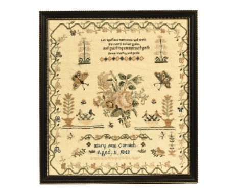 A Victorian tapestry worked by Mary Ann Cornish aged 11, 1848 decorated with insects, trees, flowers and floral motifs within