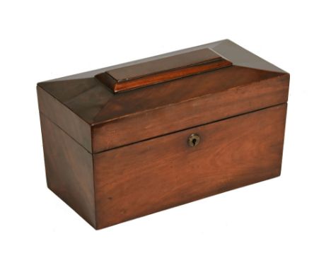 A 19th century mahogany sarcophagus shaped tea caddy, 18 cm high, 31 cm wide, 15.5 cm deep.
