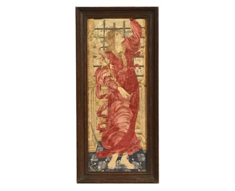 British School early 20th century, a tapestry in the style of Burne-Jones depicting a red haired lady in flowing red dress an