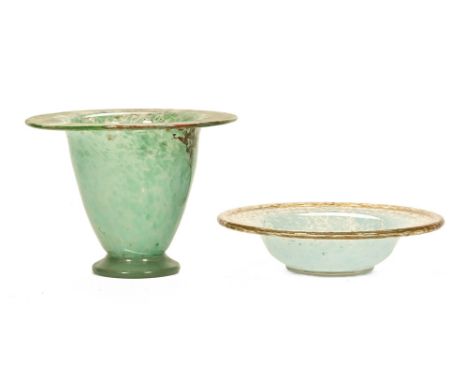 A Monart light green glass cylindrical tapering vase, with large flaring rim and aventurine fleck inclusions.  18 cm high, to