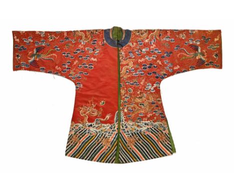 A Chinese silk court robe, having metallic thread tapestry Kesi decoration depicting mythological beasts on red ground.  Heig