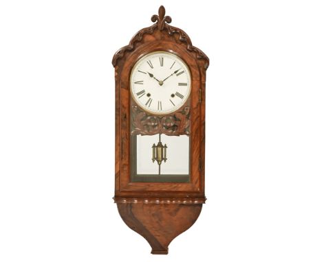 A 19th century walnut wall clock, with scallop dome top over a circular enamel dial with Roman numerals, with glass exhibitio