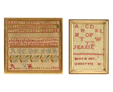 A Victorian tapestry worked by Ann J Henderson dated 1886.  30 x 32 cm, together with a second tapestry dated 1897 by Jeanie 