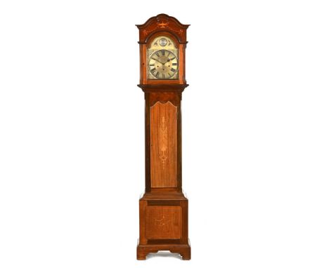 An Edwardian mahogany inlaid longcase clock, with dial marked Tempus Fugit, with pendulum.  Height 203 cm, width 42.5 cm, dep