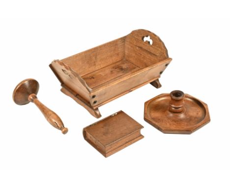 A collection of Treen, to include a small trough.  33 cm long, a candlestick base, an oak box in the shape of a small book an