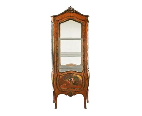 A Vernis Martin style Kingwood display cabinet, with ormolu mounts and painted panel, raised on cabriole legs.  Height 183 cm