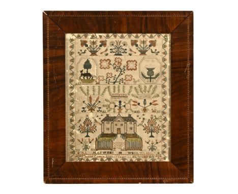 British School late 19th century tapestry by Marion Lawson aged 13 years, with floral and rural scenes within four panels sur
