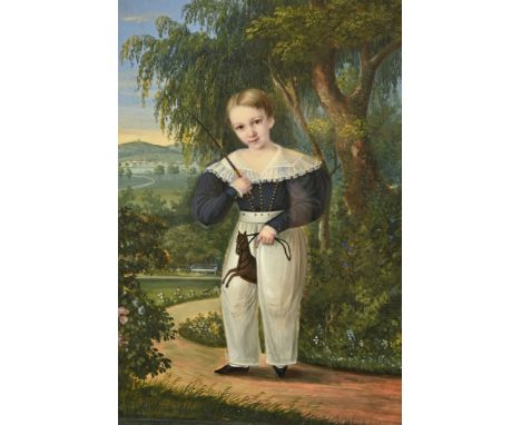 Attributed to W Kraus (Continental School 19th century), portrait of a young boy in a Naval outfit holding a whip and toy hor