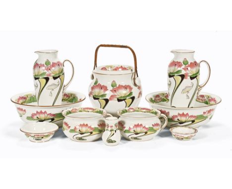 An extensive Medway Edwardian ceramic wash set, comprising two jugs, two basins, pail, two commode pots, soap dish, further d