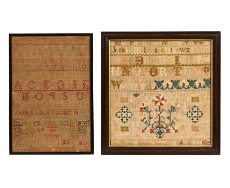 A late 19th century sampler worked by Jane Ramsey aged 10, with traditional format of rows of numbers and letters above flora