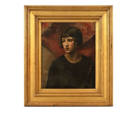 Barclay Smith (British School early 20th century), portrait of a young lady head and shoulders, dressed in black before a vel