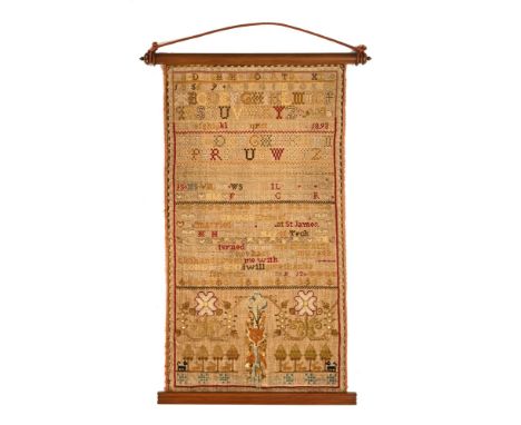 A Victorian tapestry dated 1893, with traditional rows of numbers, the alphabet and multiple floral and animal decoration, al