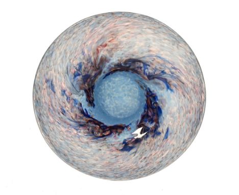 A Strathearn glass circular footed bowl, with light blue ground colour, aventurine inclusions and brown and dark blue swirl e