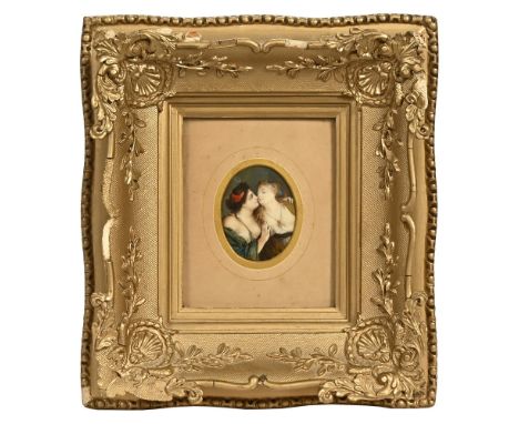 A 19th century portrait miniature on ivory, two young girls, oval.  60 mm x 48 mm, mounted and framed, inked verso Cottman "F