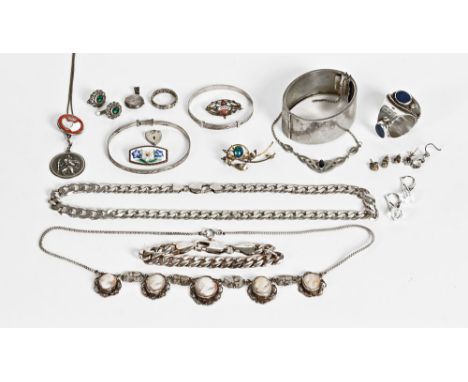 A collection of silver and other jewellery, including bangle, cameos etc.