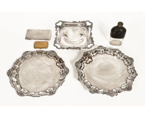 Two silver plated Chippendale style salvers, a fruit bowl, spirit flask and two cigarette cases.