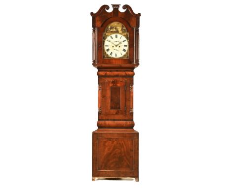 A Victorian mahogany eight day longcase clock, with sporting scene painted dial signed R Sutton Whitehaven surmounted by brok