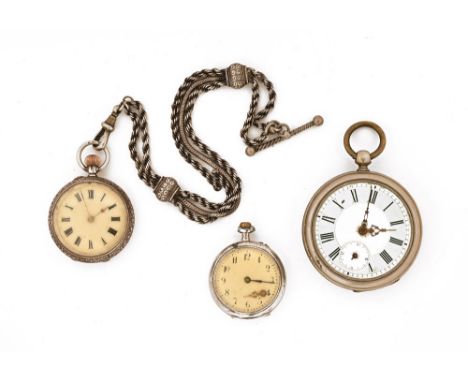 Two silver foliate engraved fob watches, one with chain and another pocket watch with ceramic dial.