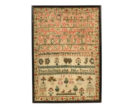 A 19th century tapestry dated 1831 by Mary Dalgliesh aged 8 years old, with alphabet, numbers and floral design contained wit