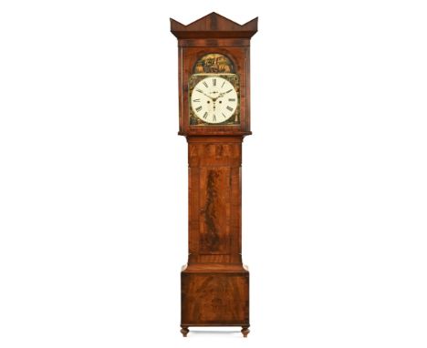 A Breckonridge & Son Kilmarnock, a mahogany eight day longcase clock, with shaped cornice above an arched door, the painted m