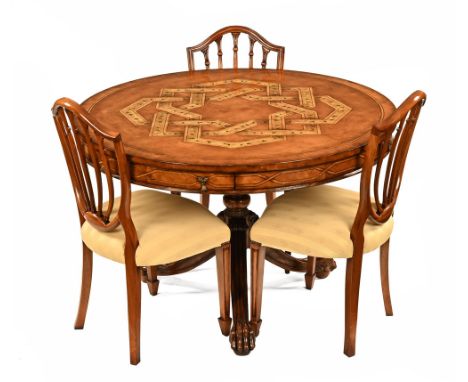 Charles Barr inlaid drum table, the ornate top with Celtic type floral design, the inlay extending to the outer edge and havi