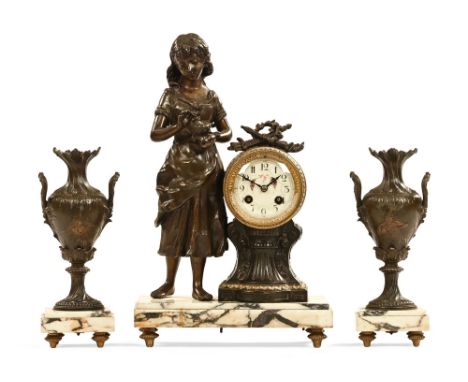 A 19th century clock garniture, with spelter figure decoration comprising central mantel clock with figure of a girl with bir