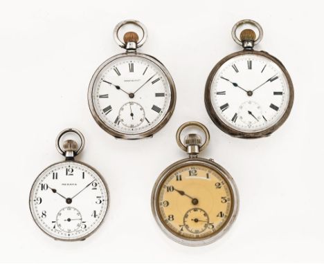 Three silver stem wind pocket watches and another similar.