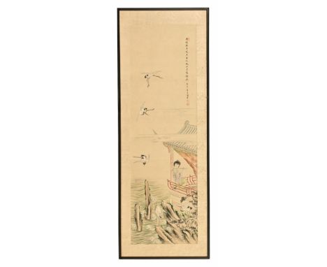 A Chinese painting on silk panel, The Jade Flute is Played In The Yellow Crane Tower.  107 cm high, 33 cm wide.  (see illustr