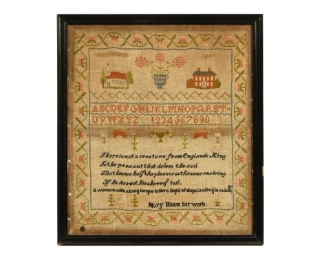 An Edwardian period tapestry dated 1901 by Mary Bloom, with floral border containing an alphabet and poem surmounted by a chu