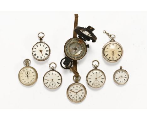 A group of three silver cased key wind pocket watches, various makers together with four plated pocket watches and a military