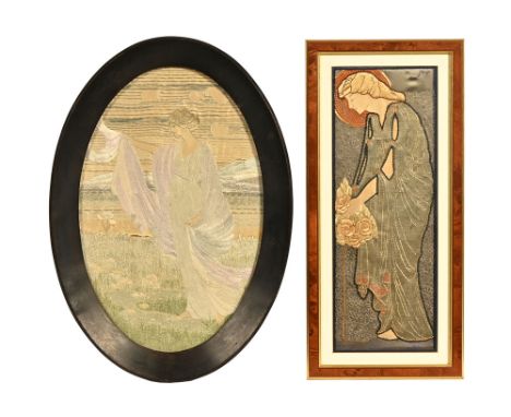 An Edwardian silk embroidery of oval form, depicting a young lady in flowing dress and cloak within a rural landscape.  39 x 