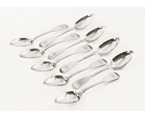 A set of nine Newcastle silver teaspoons, 1830, maker Thomas Wheatley.  137 grams.