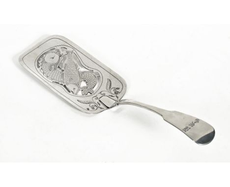 A George IV Dublin silver fish slice 1821, maker probably Richard Whitford, but also marked WF.  Length 29 cm, 171 grams.