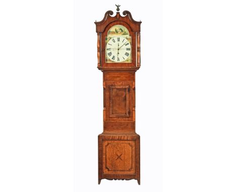 A Victorian oak and inlaid 30 hour longcase clock, with painted dial signed W Morland Kirkby Malzeurd, the dial decorated wit