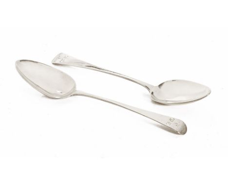 A pair of George III silver tablespoons, London 1801, one by Christopher and Thomas Wilkes Barker, the other makers mark uncl